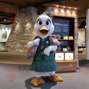 Olive Goose mascot costume character dressed with a T-Shirt and Coin purses