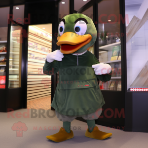 Olive Goose mascot costume character dressed with a T-Shirt and Coin purses