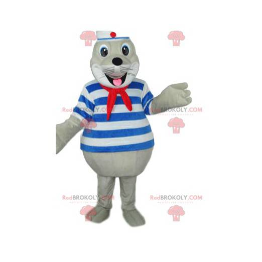 Mascota de foca muy sonriente en traje de marinero -