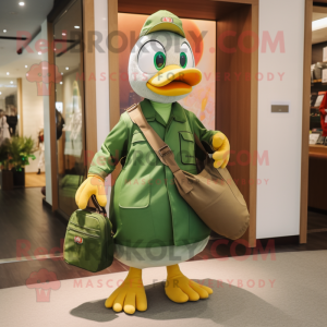 Olive Goose mascot costume character dressed with a T-Shirt and Coin purses