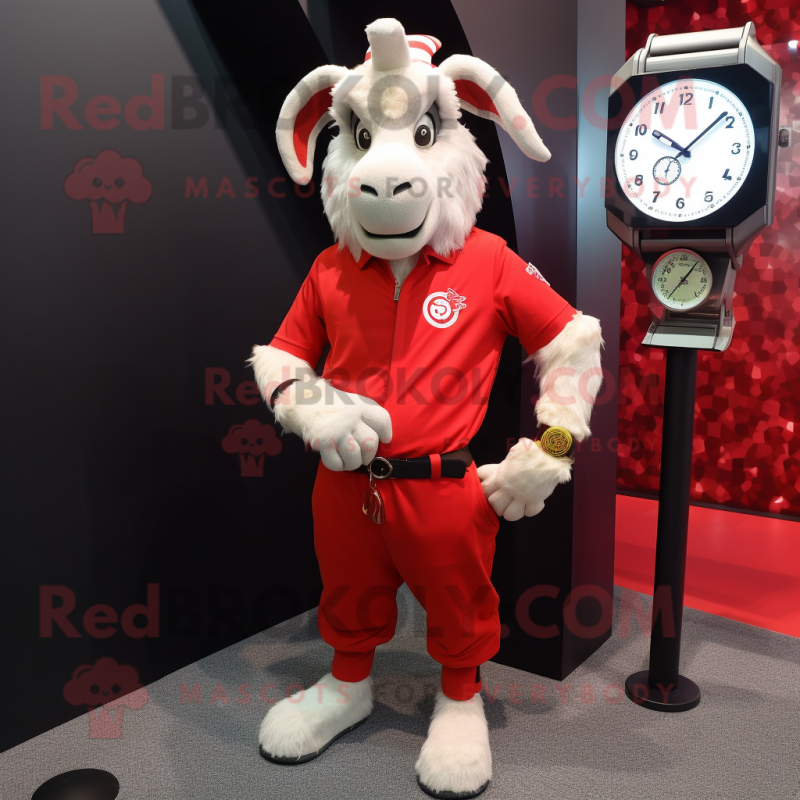 Red Goat mascot costume character dressed with a Trousers and Bracelet watches