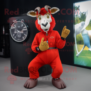 Red Goat mascot costume character dressed with a Trousers and Bracelet watches