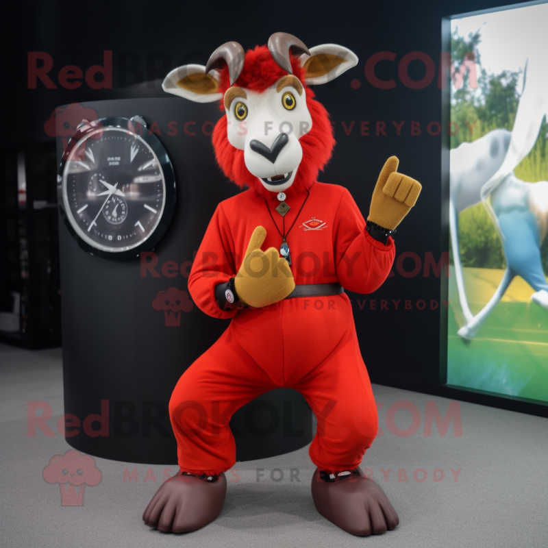 Red Goat mascot costume character dressed with a Trousers and Bracelet watches Red Goat mascot costume character dressed with a Trousers and Bracelet watches