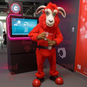 Red Goat mascot costume character dressed with a Trousers and Bracelet watches