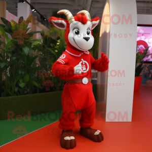 Red Goat mascot costume character dressed with a Trousers and Bracelet watches