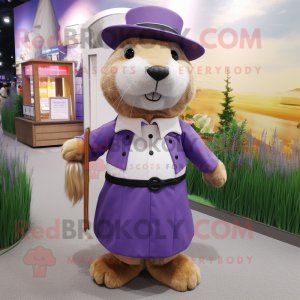 Lavender Beaver mascot costume character dressed with a Pencil Skirt and Berets