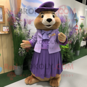 Lavender Beaver mascot costume character dressed with a Pencil Skirt and Berets
