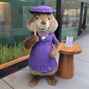 Lavender Beaver mascot costume character dressed with a Pencil Skirt and Berets