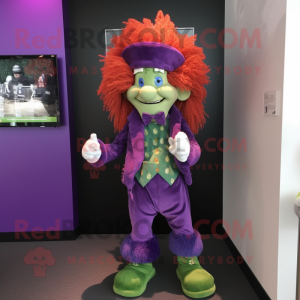 Purple Leprechaun mascot costume character dressed with a Henley Tee and Hair clips