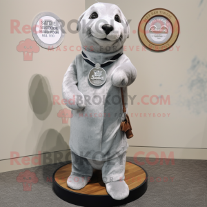 Silver Seal mascot costume character dressed with a Shift Dress and Shoe laces