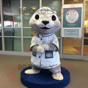 Silver Seal mascot costume character dressed with a Shift Dress and Shoe laces