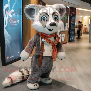 Gray Civet mascot costume character dressed with a Chinos and Scarves