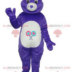 Mascote do urso roxo com nariz em formato de coração -