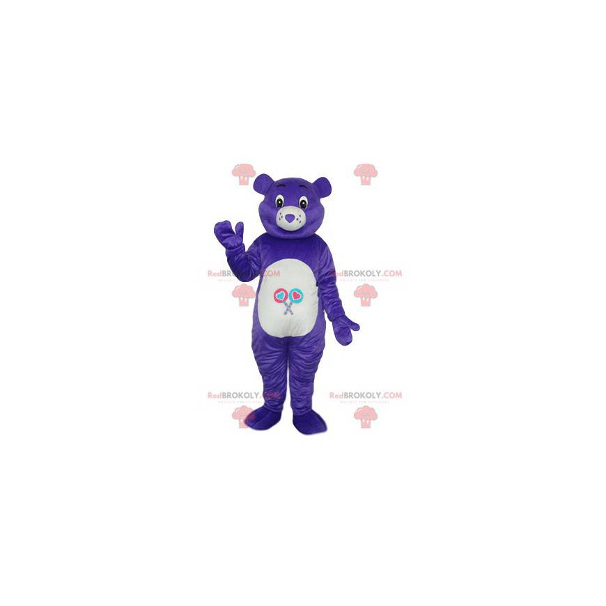 Mascotte d'ourson violet avec un nez en forme de cœur -