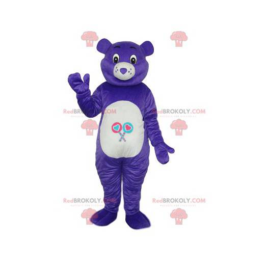 Mascota oso morado con nariz en forma de corazón -