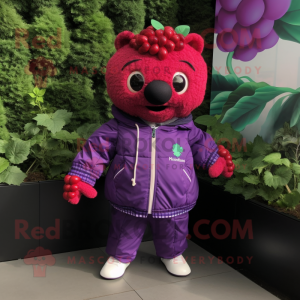 Purple Raspberry mascot costume character dressed with a Windbreaker and Bow ties