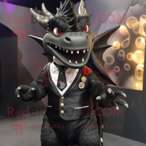 Black Dragon mascot costume character dressed with a Suit and Lapel pins