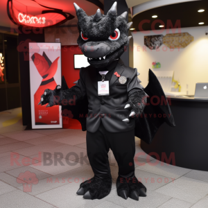 Black Dragon mascot costume character dressed with a Suit and Lapel pins