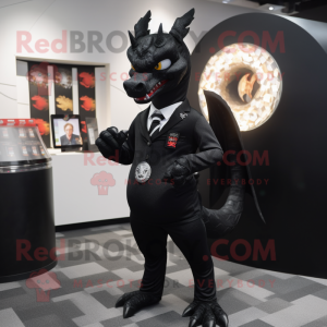 Black Dragon mascot costume character dressed with a Suit and Lapel pins