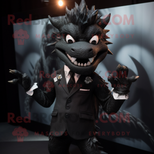 Black Dragon mascot costume character dressed with a Suit and Lapel pins