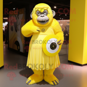 Lemon Yellow Gorilla mascot costume character dressed with a Circle Skirt and Clutch bags