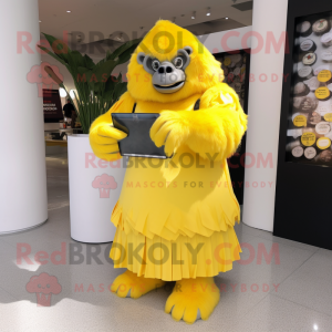 Lemon Yellow Gorilla mascot costume character dressed with a Circle Skirt and Clutch bags