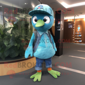 Cyan Kiwi mascot costume character dressed with a Flare Jeans and Beanies