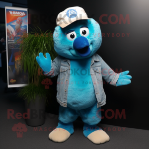 Cyan Kiwi mascot costume character dressed with a Flare Jeans and Beanies
