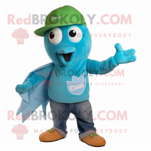 Cyan Kiwi mascot costume character dressed with a Flare Jeans and Beanies