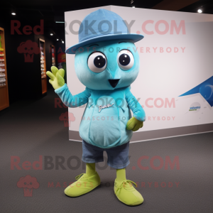 Cyan Kiwi mascot costume character dressed with a Flare Jeans and Beanies