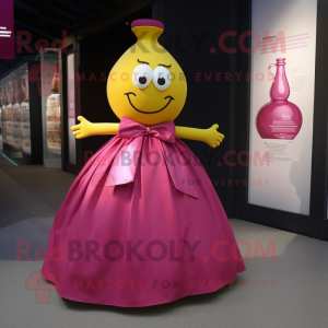 Magenta Bottle Of Mustard mascot costume character dressed with a Ball Gown and Bow ties