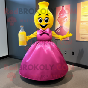 Magenta Bottle Of Mustard mascot costume character dressed with a Ball Gown and Bow ties
