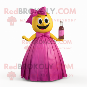 Magenta Bottle Of Mustard mascot costume character dressed with a Ball Gown and Bow ties