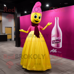 Magenta Bottle Of Mustard mascot costume character dressed with a Ball Gown and Bow ties