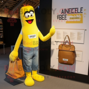 Yellow Aglet mascot costume character dressed with a Henley Tee and Handbags