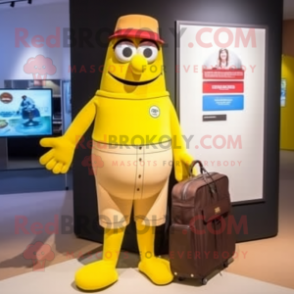 Yellow Aglet mascot costume character dressed with a Henley Tee and Handbags