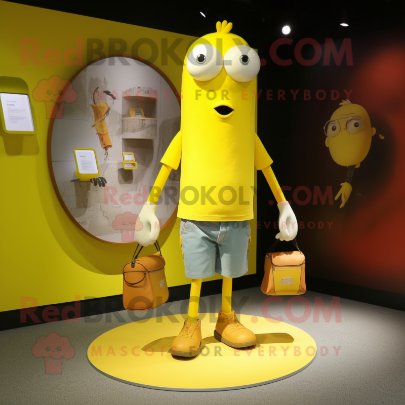 Yellow Aglet mascot costume character dressed with a Henley Tee and Handbags Yellow Aglet mascot costume character dressed with a Henley Tee and Handbags