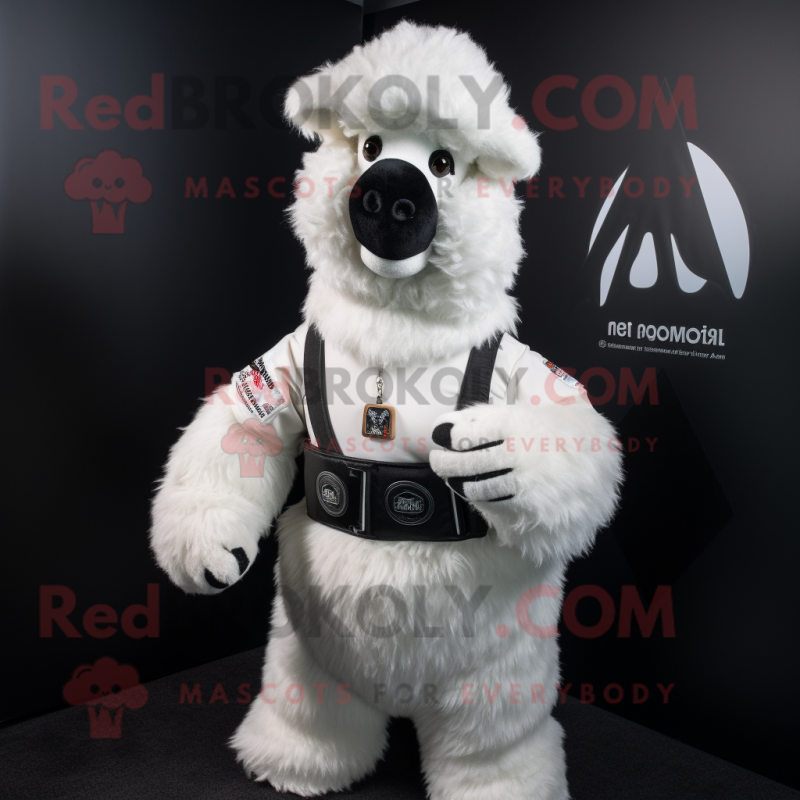 White Alpaca mascot costume character dressed with a Vest and Belts