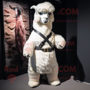 White Alpaca mascot costume character dressed with a Vest and Belts