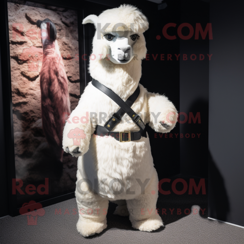 White Alpaca mascot costume character dressed with a Vest and Belts White Alpaca mascot costume character dressed with a Vest and Belts