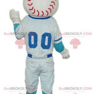 Mascota de personaje deportivo con cabeza de béisbol. -