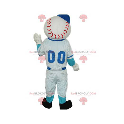 Mascota de personaje deportivo con cabeza de béisbol. -