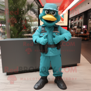 Teal Commando mascot costume character dressed with a Bermuda Shorts and Tie pins