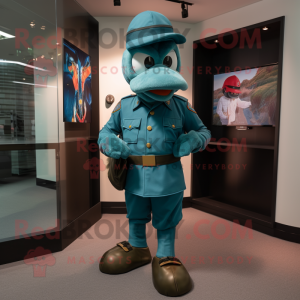 Teal Commando mascot costume character dressed with a Bermuda Shorts and Tie pins