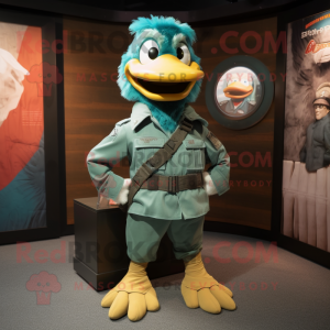 Teal Commando mascot costume character dressed with a Bermuda Shorts and Tie pins