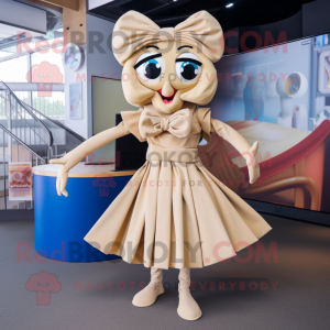 Beige Contortionist mascot costume character dressed with a Midi Dress and Bow ties