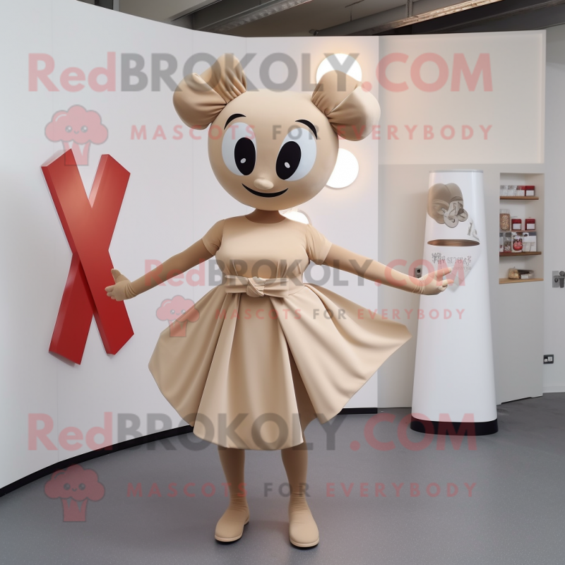 Beige Contortionist mascot costume character dressed with a Midi Dress and Bow ties Beige Contortionist mascot costume character dressed with a Midi Dress and Bow ties