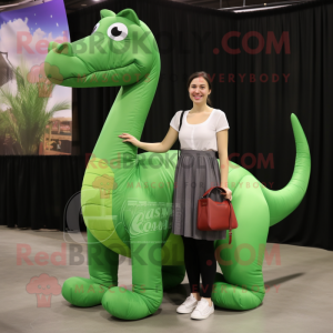 Forest Green Brachiosaurus mascot costume character dressed with a Culottes and Messenger bags