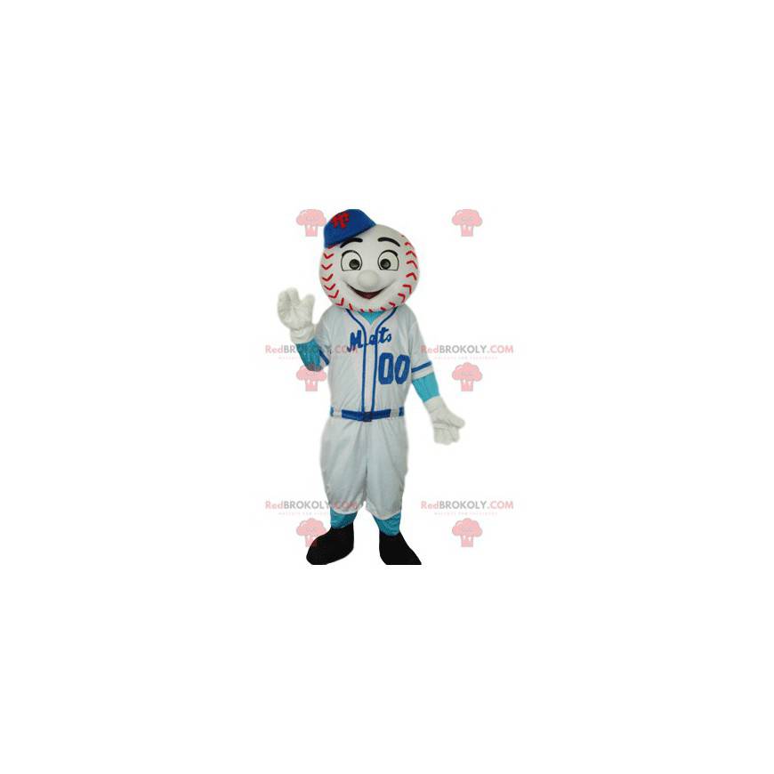 Mascota de personaje deportivo con cabeza de béisbol. -