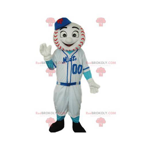 Mascota de personaje deportivo con cabeza de béisbol. -